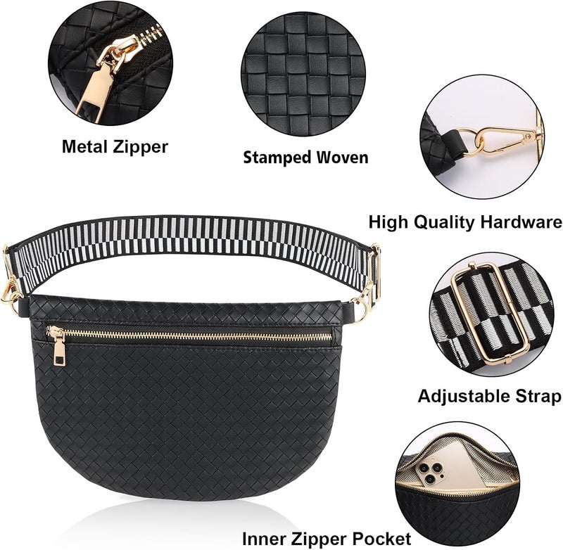 Dealkion Woven Crossbody Bags for Women Leather Belt Bum Sling Purse Fanny Waist Pack Chest Shoulder Bag for Women-Black - Image 3